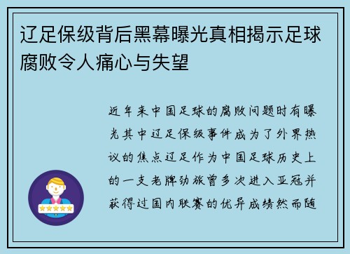 辽足保级背后黑幕曝光真相揭示足球腐败令人痛心与失望