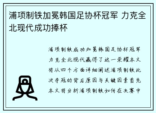 浦项制铁加冕韩国足协杯冠军 力克全北现代成功捧杯